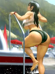 Rule 34 | 1girl, ass, ass focus, bare legs, barefoot, bikini, bikini under clothes, black bikini, black hair, breasts, climbing ladder, curvy, dripping, earrings, feet, final fantasy, final fantasy vii, from behind, highres, huge ass, huge breasts, infi, jewelry, pool, pool ladder, poolside, shiny skin, skindentation, soles, solo, square enix, swimsuit, thick thighs, thighs, tifa lockhart, toes, underboob, wet, wet clothes, wide hips