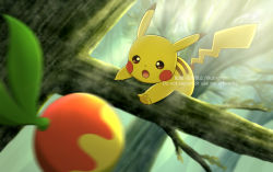 Rule 34 | berry (pokemon), blurry, branch, brown eyes, commentary request, creatures (company), day, fuyu (utngrtn), game freak, gen 1 pokemon, in tree, looking down, nintendo, open mouth, outdoors, pikachu, pokemon, tongue, tree, twitter username, watermark