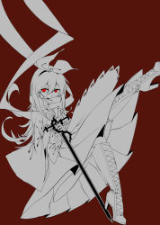 Rule 34 | 1girl, apron, boots, bow, cross-laced footwear, funamusea, greyscale, hair between eyes, headband, high heel boots, high heels, holding, holding sword, holding weapon, japanese clothes, killice bloodless, kimono, leg up, long hair, monochrome, no pupils, nodoka 076, obi, red background, red eyes, sash, scarf, scarf over mouth, simple background, skirt, solo, spot color, sword, thorns, weapon, wide sleeves