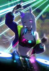 Rule 34 | 1girl, :p, absurdres, alternate costume, animal ears, arm up, black gloves, black sports bra, bow, bracelet, breasts, cleavage, closed mouth, commentary, dj, ear bow, fingerless gloves, gloves, gold ship (umamusume), grey hair, headphones, headphones around neck, highres, horse ears, horse girl, jacket, jewelry, long hair, long sleeves, medium breasts, midriff peek, motion blur, multicolored clothes, multicolored jacket, multicolored sports bra, nail polish, navel, one eye closed, pendant choker, pink nails, purple bow, purple eyes, smile, solo, sports bra, stage, symbol-only commentary, tongue, tongue out, ugohato, umamusume, very long hair