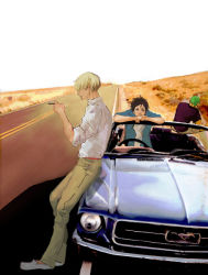 Rule 34 | 3boys, black hair, blonde hair, car, cigarette, collared shirt, desert, ford, ford mustang, ford mustang (1st generation), green hair, hair over one eye, image sample, khaki pants, leaning, male focus, monkey d. luffy, motor vehicle, multiple boys, one piece, outdoors, pixiv sample, realistic, resized, road, roronoa zoro, sanji (one piece), scar, scenery, shirt, shoes, sitting, smoking, t-shirt, vehicle, white footwear, white shirt