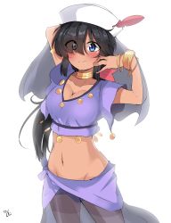 Rule 34 | absurdres, alternate costume, arabian clothes, arm behind head, armlet, arms up, artist name, black hair, black skirt, blue eyes, blue shorts, blush, bow, bracelet, breasts, cleavage, closed mouth, commentary, cropped shirt, dark skin, dixie cup hat, eyes visible through hair, girls und panzer, hair bow, hair over one eye, harem outfit, hat, hat feather, highres, jewelry, kshimu, long hair, looking at viewer, medium breasts, medium skirt, military hat, mouth veil, navel, neck ring, ogin (girls und panzer), one-hour drawing challenge, ponytail, red bow, sarong, see-through, short sleeves, shorts, signature, simple background, skirt, smile, solo, standing, veil, white background, white hat