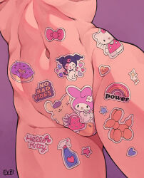 Rule 34 | 1girl, artist logo, bow sticker, breasts, character sticker, commentary, emmanuel viola, english commentary, english text, head out of frame, heart stickers, hello kitty, hello kitty (character), large breasts, lower body, maebari, navel, nude, original, paid reward available, pink background, rainbow sticker, sanrio, simple background, solo, star sticker, sticker on leg, sticker on stomach, thighs, toned