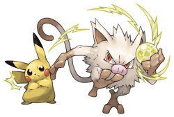 Rule 34 | attack, closed mouth, commentary request, crossed arms, electricity, frown, gen 1 pokemon, half-closed eye, holding, mankey, no humans, pearl7, pikachu, pokemon, pokemon (creature), simple background, sparks, uneven eyes, white background