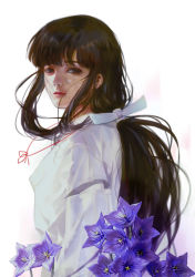 Rule 34 | 1girl, bellflower, black eyes, black hair, blunt bangs, brown eyes, closed mouth, flower, from side, hair ornament, highres, inuyasha, japanese clothes, kikyou (inuyasha), long hair, looking at viewer, looking back, low ponytail, miko, name connection, par., ponytail, realistic, red lips, shade, solo, string, upper body, white background, wide sleeves