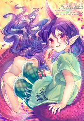 Rule 34 | 1girl, amo (shibu3), blush, clothes writing, feet out of frame, green shirt, green shorts, highres, holding, holding test tube, horns, long hair, looking at viewer, open mouth, pointy ears, purple hair, red eyes, red horns, red tail, shirt, short sleeves, shorts, single horn, smile, solo, tenkajin chiyari, test tube, touhou