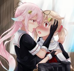Rule 34 | 10s, 2girls, alternate hairstyle, black gloves, black serafuku, blonde hair, blue hair, blush, colored eyelashes, commentary request, curtains, fingerless gloves, gloves, gradient hair, hair flaps, hair ornament, hair ribbon, hairclip, harusame (kancolle), highres, holding head, kantai collection, kiss, long hair, multicolored hair, multiple girls, neckerchief, no headwear, noyomidx, open mouth, pink eyes, pink hair, ponytail, red eyes, ribbon, saliva, saliva trail, scarf, school uniform, scrunchie, serafuku, short sleeves, side ponytail, surprise kiss, surprised, tongue, tongue out, white scarf, window, yuri, yuudachi (kancolle)