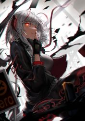 Rule 34 | 1girl, absurdres, arknights, black gloves, black jacket, black scarf, black skirt, chromatic aberration, cizzi, cowboy shot, finger to mouth, fingerless gloves, gloves, glowing, grey shirt, highres, horns, jacket, looking at viewer, nail polish, open clothes, open jacket, red eyes, red nails, scarf, shirt, short hair, shushing, silver hair, skirt, smile, solo, w (arknights)