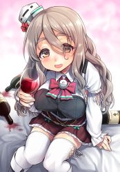 Rule 34 | 10s, 1girl, :d, bad id, bad twitter id, black footwear, boots, bottle, breasts, brown skirt, cup, drinking glass, drunk, eyes visible through hair, grey hair, hat, holding, holding cup, holding drinking glass, inactive account, kantai collection, long hair, long sleeves, looking at viewer, looking up, medium breasts, on bed, open mouth, orange eyes, pink background, pola (kancolle), red wine, skirt, sleeves past wrists, smile, solo, spill, stain, thick eyebrows, thighhighs, uousa-ou, white thighhighs, wine bottle, wine glass