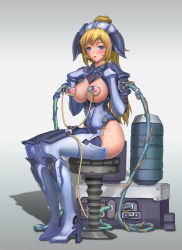 Rule 34 | 1girl, blonde hair, blue eyes, blue footwear, blush, boots, breasts, breasts out, female focus, full body, gradient background, high heels, long hair, looking at viewer, milking machine, neongun, nipples, original, shoes, solo, thigh boots, thighhighs