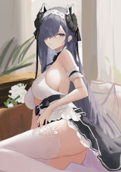Rule 34 | 1girl, apron, ass, august von parseval (azur lane), august von parseval (the conquered unhulde) (azur lane), azur lane, bare shoulders, blush, breasts, curled horns, dress, hair over one eye, highres, horns, large breasts, ljpwow, long hair, looking at viewer, maid headdress, mechanical horns, official alternate costume, purple eyes, purple hair, sideboob, sleeveless, solo, thighhighs, very long hair, white apron, white dress, white thighhighs