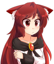 Rule 34 | 1girl, animal ears, brooch, brown hair, collarbone, crossed arms, facing away, imaizumi kagerou, jewelry, red eyes, shawl, simple background, solo, touhou, white background, wolf ears, wool (miwol)