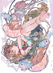 Rule 34 | 1girl, barefoot, blue eyes, bottle, bracelet, brown hair, buchi (qooo003), commentary request, earrings, fish, full body, highres, hugging object, jellyfish, jewelry, long hair, message in a bottle, original, sand dollar, seashell, shell, solo, starfish hair ornament, underwater, upside-down, very long hair, white background