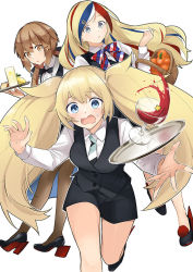 Rule 34 | alternate costume, bare legs, blonde hair, blue eyes, breasts, cocktail glass, collared shirt, commandant teste (kancolle), comptiq, cup, drinking glass, food, fruit, gambier bay (kancolle), kantai collection, large breasts, morinaga miki, necktie, orange (fruit), shirt, skirt, swept bangs, tray, twintails, vest, wavy hair, white background, white shirt, wine glass