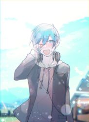 Rule 34 | 1boy, binggwaryu, black jacket, blue eyes, blue hair, blue nails, blue sky, blurry, blurry background, blush, cable, crying, crying with eyes open, day, drawstring, hair ornament, hairclip, hand up, headphones, headphones around neck, highres, hood, hoodie, jacket, kaito (vocaloid), lens flare, looking at viewer, male focus, mountainous horizon, nail polish, one eye closed, outdoors, project diva (series), school uniform parka (module), sky, smile, standing, tears, upper body, vocaloid, wiping tears