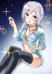 Rule 34 | 10s, 1girl, anastasia (idolmaster), black thighhighs, blouse, blue eyes, blue shirt, breasts, cleavage, highres, idolmaster, idolmaster cinderella girls, jewelry, murabito c, necklace, shirt, short hair, silver hair, sky, smile, solo, star (sky), star (symbol), starry sky, thighhighs