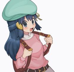 Rule 34 | 1girl, :d, bad id, bad twitter id, belt, blush, brown belt, collared shirt, commentary request, creatures (company), dawn (pokemon), game freak, green hat, grey eyes, hair ornament, hairclip, happy, hat, highres, holding strap, koniko (525lj), long hair, nintendo, open mouth, pink sweater, pokemon, pokemon bdsp, shirt, sidelocks, simple background, smile, solo, sweater, tongue, white background, white shirt
