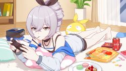 Rule 34 | 1girl, bare shoulders, barefoot, book, bookshelf, bronya zaychik, can, chips (food), closed mouth, cola, controller, curtains, drill hair, drink can, food, fruit, full body, grey eyes, grey hair, hair between eyes, hair ribbon, highres, holding, holding controller, homu (honkai impact), honkai (series), honkai impact 3rd, in mouth, indoors, jacket, long sleeves, lying, macaron, on stomach, pillow, plant, plate, playing games, pocky, ribbon, slippers, soda can, solo, strawberry, sweets, third-party source, vase, white jacket, window