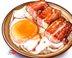 Rule 34 | bacon, bowl, commentary request, dated, donburi, food, food focus, fried egg, no humans, original, realistic, rice, seal impression, signature, simple background, still life, white background, yawarabi juubee
