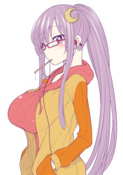 Rule 34 | 1girl, alternate costume, alternate hairstyle, bespectacled, blush, breasts, casual, contemporary, crescent, crescent hair ornament, earphones, from side, glasses, hair ornament, hands in pockets, high ponytail, hood, hood down, hoodie, jacket, large breasts, long hair, long sleeves, mouth hold, no headwear, patchouli knowledge, ponytail, popsicle stick, purple eyes, purple hair, red-framed eyewear, shirokuma (nankyoku), sidelocks, simple background, solo, sweater, touhou, very long hair, white background