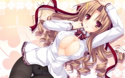 Rule 34 | 1girl, :o, arm up, black pantyhose, breasts, brown eyes, brown hair, cleavage, cross hair ornament, crotch seam, from above, hair ornament, highres, kotoharu kanon, large breasts, lingerie, long sleeves, looking at viewer, lunaris filia, mikagami mamizu, no bra, no pants, open clothes, open shirt, panties, panties under pantyhose, pantyhose, parted lips, school uniform, shirt, thigh gap, underwear
