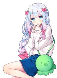 Rule 34 | 10s, 1girl, alternate hairstyle, ayami (annahibi), bag, blue eyes, blue hair, blue skirt, blush, bow, braid, eromanga sensei, gradient hair, hair bow, izumi sagiri, long hair, looking at viewer, multicolored hair, own hands together, parted lips, pink bow, pink hair, satchel, silver hair, simple background, single braid, skirt, sleeves past wrists, solo, stuffed animal, stuffed octopus, stuffed toy, sweater, white background, white sweater