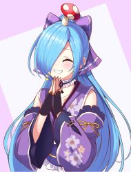 Rule 34 | .live, 1girl, absurdres, blue hair, blush, collarbone, commentary request, detached sleeves, closed eyes, fingerless gloves, gloves, hair over one eye, hair ribbon, own hands clasped, highres, japanese clothes, mushroom, own hands together, ribbon, shinori (efvbji6264), simple background, smile, virtual youtuber, yamato iori
