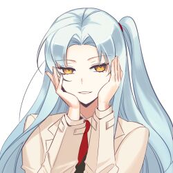 Rule 34 | 1girl, angela (project moon), black vest, blue hair, commentary request, grin, hands on own cheeks, hands on own face, ktsis, lab coat, light blue hair, lobotomy corporation, long hair, long sleeves, looking at viewer, necktie, parted bangs, project moon, red necktie, shirt, side ponytail, simple background, smile, solo, transparent background, vest, white shirt