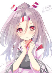 Rule 34 | 1girl, blush, brown eyes, closed mouth, hachimaki, headband, high ponytail, highres, hizaka, japanese clothes, kantai collection, kimono, light brown hair, long hair, long sleeves, looking at viewer, muneate, signature, simple background, solo, twitter username, upper body, white background, white kimono, wide sleeves, zuihou (kancolle)