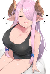 Rule 34 | 1girl, :d, absurdres, ball, bare arms, bare shoulders, black one-piece swimsuit, blue bow, blush, bow, breasts, cleavage, collarbone, competition swimsuit, draph, facing viewer, from above, granblue fantasy, hair bow, hair over one eye, heart, highres, horns, kntrs (knyrs), large breasts, long hair, narmaya (granblue fantasy), one-piece swimsuit, open mouth, pink hair, pointy ears, sidelocks, simple background, sitting, smile, solo, swimsuit, very long hair, white background