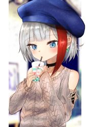 Rule 34 | 1girl, absurdres, admiral graf spee (azur lane), admiral graf spee (girl&#039;s sunday) (azur lane), admiral graf spee (peaceful daily life) (azur lane), aran sweater, azur lane, bare shoulders, beret, black choker, blue eyes, blue hat, bubble tea, cable knit, choker, collarbone, commentary, cup, disposable cup, drinking, drinking straw, drinking straw in mouth, earrings, hat, highres, huge filesize, jewelry, little love mitsuha, long sleeves, multicolored hair, short hair, sidelocks, silver hair, sleeves past wrists, solo, streaked hair, sweater, upper body