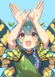 Rule 34 | 1girl, absurdres, antennae, aqua hair, blue background, blush, butterfly wings, dress, e sdss, eternity larva, fairy, green dress, highres, insect wings, leaf, leaf on head, multicolored clothes, multicolored dress, open mouth, orange eyes, short hair, short sleeves, simple background, smile, solo, touhou, upper body, wings