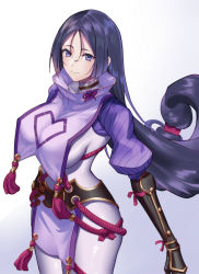 Rule 34 | arm guards, black gloves, bodysuit, breasts, closed mouth, covered navel, curvy, fate/grand order, fate (series), fingerless gloves, from above, gloves, large breasts, loincloth, long hair, looking at viewer, low-tied long hair, minamoto no raikou (fate), parted bangs, purple bodysuit, purple eyes, purple hair, ribbed sleeves, rope, sakanasoko, smile, solo, tabard, very long hair