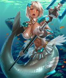 Rule 34 | 00s, 1girl, :o, armor, belt, bikini armor, blush, bracer, breasts, cleavage, cleavage cutout, clothing cutout, coral, dark-skinned female, dark skin, detached collar, female focus, fins, fish, full body, gloves, hair ornament, highres, hip focus, holding, holding weapon, large breasts, looking at viewer, mermaid, microskirt, midriff, miniskirt, misaki kaori, monster girl, navel, navel cutout, obui, ocean, official art, open clothes, open mouth, orange eyes, outdoors, pleated skirt, polearm, scales, see-through, ship, short hair, skirt, solo, star (symbol), star hair ornament, starfish, tail, taimanin (series), taimanin asagi, taimanin asagi kessen arena, tongue, tongue out, trident, two-handed, underwater, water, watercraft, weapon, white gloves, white hair