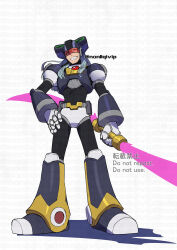 Rule 34 | 1boy, android, armor, beam saber, commentary request, double bladed lightsaber, dynamo (mega man), energy blade, energy sword, full armor, head-mounted display, helmet, holding, holding weapon, lightsaber, medium hair, mega man (series), mega man x5, mega man x (series), shadow, simple background, smile, sword, twitter username, weapon, white background, white hair, yamanashi taiki