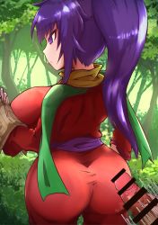 Rule 34 | :o, absurdres, ajura (kiiroi kaiten mokuba), arc the lad, ass, breasts, censored, collar, focused, forest, from behind, highres, huge ass, japanese clothes, kukuru (arc the lad), large breasts, long hair, male masturbation, map, masturbation, motion lines, nature, outdoors, penis, ponytail, purple eyes, purple hair, reading, sash, scarf, standing