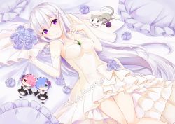 Rule 34 | 1girl, bed sheet, blue bow, blue flower, blue rose, bow, breasts, butterfly hair ornament, cat, character doll, cleavage, dress, elbow gloves, emilia (re:zero), flower, from above, gloves, hair ornament, highres, jewelry, layered dress, long hair, looking at viewer, lying, medium breasts, necklace, nemu mohu, on back, on bed, pillow, puck (re:zero), purple eyes, re:zero kara hajimeru isekai seikatsu, rem (re:zero), rose, short dress, silver hair, sleeveless, sleeveless dress, smile, solo, very long hair, wedding dress, white dress, white gloves