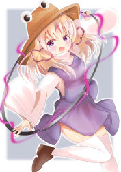 Rule 34 | 1girl, :d, absurdres, arm up, blonde hair, blurry, blurry background, blush, breasts, commentary request, dress, foot out of frame, hat, highres, holding, holding jewelry, holding ring, jewelry, long hair, looking at viewer, medium breasts, moriya suwako, open mouth, purple background, purple dress, purple eyes, ring, simple background, smile, solo, standing, standing on one leg, tomaton, touhou, turtleneck