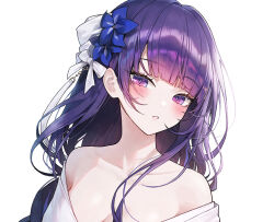 Rule 34 | 1girl, alternate costume, bare shoulders, blue flower, blunt bangs, bow, breasts, collarbone, commentary, floating hair, flower, genshin impact, hair bow, hair flower, hair ornament, long hair, looking at viewer, medium breasts, meoyo, mole, mole under eye, open mouth, parted lips, purple eyes, purple hair, raiden shogun, sidelocks, simple background, solo, upper body, white background, white bow