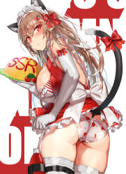 1girl absurdres animal_ears annoyed back_bow bow breasts brown_hair cat_ears closed_mouth dress elbow_gloves fake_animal_ears fake_tail food food_print gloves goddess_of_victory:_nikke highres holding holding_plate ketchup_bottle large_breasts looking_at_viewer maid_headdress michairu omelet omurice panties plate print_panties rapi_(nikke) red_dress red_eyes sideboob solo strawberry_panties strawberry_print tail tail_bow tail_ornament thighhighs underwear v-shaped_eyebrows white_background white_gloves white_panties white_thighhighs