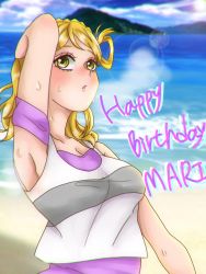Rule 34 | 1girl, arm over head, artist name, artist request, bare shoulders, beach, blonde hair, blue sky, blush, braid, breasts, brown eyes, cleavage, cloud, collarbone, crown braid, day, female focus, green eyes, gym clothes, gym uniform, hair rings, hand over head, highres, looking at viewer, love live!, love live! school idol festival, love live! sunshine!!, medium breasts, mountain, ocean, off-shoulder shirt, off shoulder, ohara mari, outdoors, parted lips, purple shirt, purple wristband, shirt, short hair, sky, sleeveless, sleeveless shirt, smile, solo, sun, sunlight, upper body, wristband, yellow eyes