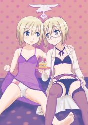 Rule 34 | 2girls, barefoot, birthday, black bra, black legwear, black panties, blonde hair, blush, bow, bow bra, bow panties, bra, breasts, brown eyes, cake, closed mouth, collarbone, dated, erica hartmann, food, garter belt, garter straps, glasses, hand on another&#039;s shoulder, highres, incest, keicha (kmoekaki), lab coat, lingerie, looking at another, multiple girls, navel, negligee, open mouth, panties, panties over garter belt, see-through, short hair, siblings, sisters, small breasts, smile, spread legs, strike witches, strike witches: suomus misfits squadron, thighhighs, underwear, ursula hartmann, white panties, world witches series, yuri