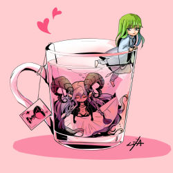 Rule 34 | 1boy, 1girl, barefoot, braid, breasts, chalice, cup, curled horns, enkidu (fate), closed eyes, fate/grand order, fate (series), green hair, highres, horns, kingu (fate), long hair, navel, pink background, pointy ears, purple hair, submerged, tiamat (fate)
