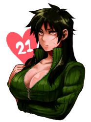 Rule 34 | 1girl, bad id, bad pixiv id, black hair, breast hold, breasts, cleavage, face, gender request, genderswap, heart, itou kaiji, kaiji, large breasts, lips, red eyes, scar, solo, sweatdrop, tachibana amane (amane01a), unzipped, zipper