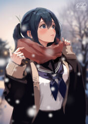 Rule 34 | 1girl, alternate costume, artist logo, black coat, black eyes, black hair, black sailor collar, blurry, blurry background, brown scarf, coat, haruto (harut n), kantai collection, long hair, looking up, one-hour drawing challenge, outdoors, parted lips, sailor collar, scarf, school uniform, serafuku, snow, solo, souryuu (kancolle), tree, twintails, upper body