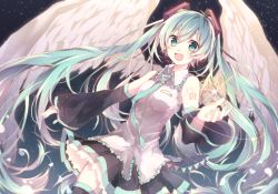 Rule 34 | 1girl, :d, aqua eyes, aqua hair, feathered wings, hatsune miku, long hair, necktie, open mouth, skirt, smile, solo, star (symbol), thighhighs, twintails, very long hair, vocaloid, white wings, wings, yoishi (fuchi39)