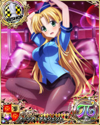 Rule 34 | 1girl, asia argento, bishop (chess), blonde hair, blue shirt, blunt bangs, blunt ends, bound, bound wrists, breasts, card (medium), chess piece, eyes visible through hair, green eyes, hat, high school dxd, long hair, looking at viewer, medium breasts, miniskirt, necktie, official art, on bed, pantyhose, pencil skirt, pillow, police, police hat, police uniform, policewoman, shirt, short sleeves, sitting, skirt, solo, star (symbol), uniform
