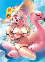 Rule 34 | 1girl, between breasts, bikini, bikini bottom aside, bikini pull, bikini top lift, bird, blonde hair, blow up doll, breast press, breasts, breasts squeezed together, clothes lift, clothes pull, clothing aside, comic kairakuten beast, fang, flamingo, floating, floating object, hat, highres, large breasts, looking at viewer, micro bikini, nail polish, naughty face, navel, nipples, open mouth, original, partially undressed, pyon-kichi, solo, spread legs, straddling, sun hat, sunlight, swimsuit, thighs, tongue, tongue out, undersized clothes, untied bikini, wet, wet clothes, wet swimsuit