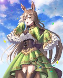 Rule 34 | 1girl, :d, absurdres, animal ears, ascot, black ascot, black thighhighs, blue sky, blush, braid, breasts, brown hair, center frills, confetti, corset, day, frilled shirt, frilled sleeves, frills, green skirt, grey hair, half updo, hand up, hc (razel1), highres, horse ears, lace, lace-trimmed skirt, lace trim, large breasts, long hair, long sleeves, multicolored hair, open mouth, outdoors, satono diamond (umamusume), shirt, shrug (clothing), skirt, sky, sleeves past fingers, sleeves past wrists, smile, solo, straight hair, thighhighs, two-tone hair, umamusume, underbust, very long hair, white shirt, zettai ryouiki