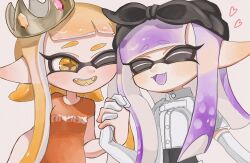 Rule 34 | 2girls, black bow, black hairband, blush, bow, bow hairband, closed eyes, commentary request, crown, eyebrows hidden by hair, eyelashes, fang, grey background, grey headwear, hair bow, hairband, heart, highres, holding hands, inkling, inkling girl, inkling player character, jacket, lemo (lemo 4), long hair, multiple girls, nintendo, one eye closed, open mouth, orange eyes, orange hair, orange shirt, pointy ears, print shirt, purple hair, shirt, simple background, smile, splatoon (series), teeth, tentacle hair, thick eyebrows, upper body, white jacket